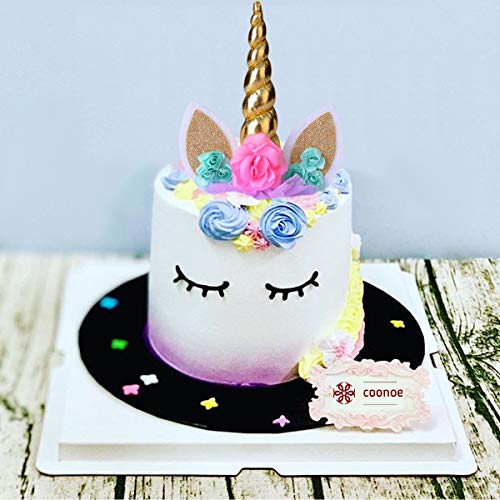 coonoe, Unicorn Cake Topper,Handmade Party Cake Decoration Supplies with Eyelashes and stack,Reuasble Gold Horn for Birthday Party,Baby Shower, Wedding - Image 2