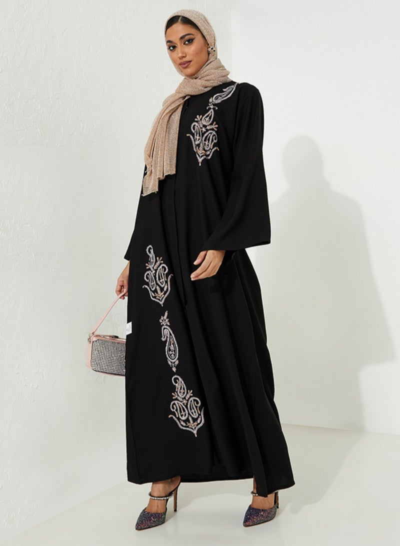 Rosette Abaya Black Abaya with Brown and white Stitching design - Image 1