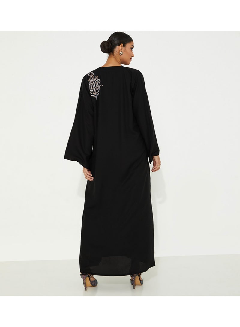 Rosette Abaya Black Abaya with Brown and white Stitching design - Image 2