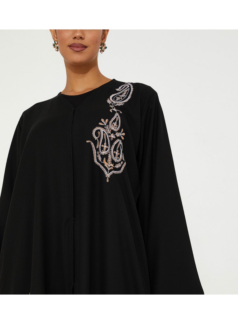 Rosette Abaya Black Abaya with Brown and white Stitching design - Image 3