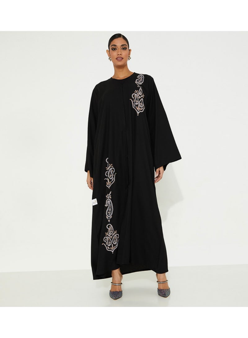 Rosette Abaya Black Abaya with Brown and white Stitching design - Image 4