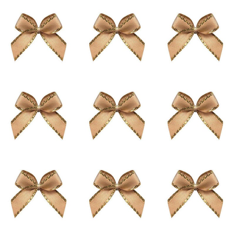 Aysekone 100 Pieces Mini Metallic Edge Satin Bowknot Flowers DIY Craft Ribbon Bow Appliques for SewingScrapbookingWedding and Decoration Gold Metallic Edge  Brown