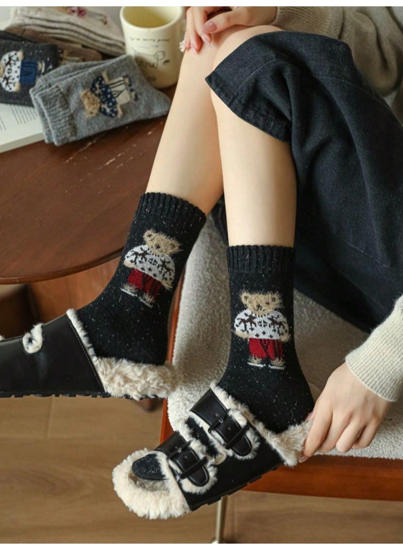socks for ladies cotton Women’s Socks 5 Pairs Mid-Calf Cute Cartoon Bear Pattern Warm Socks in Navy, Grey, Off-White, Brown and Beige for Autumn Winter Daily Wear, Free Size - Image 3
