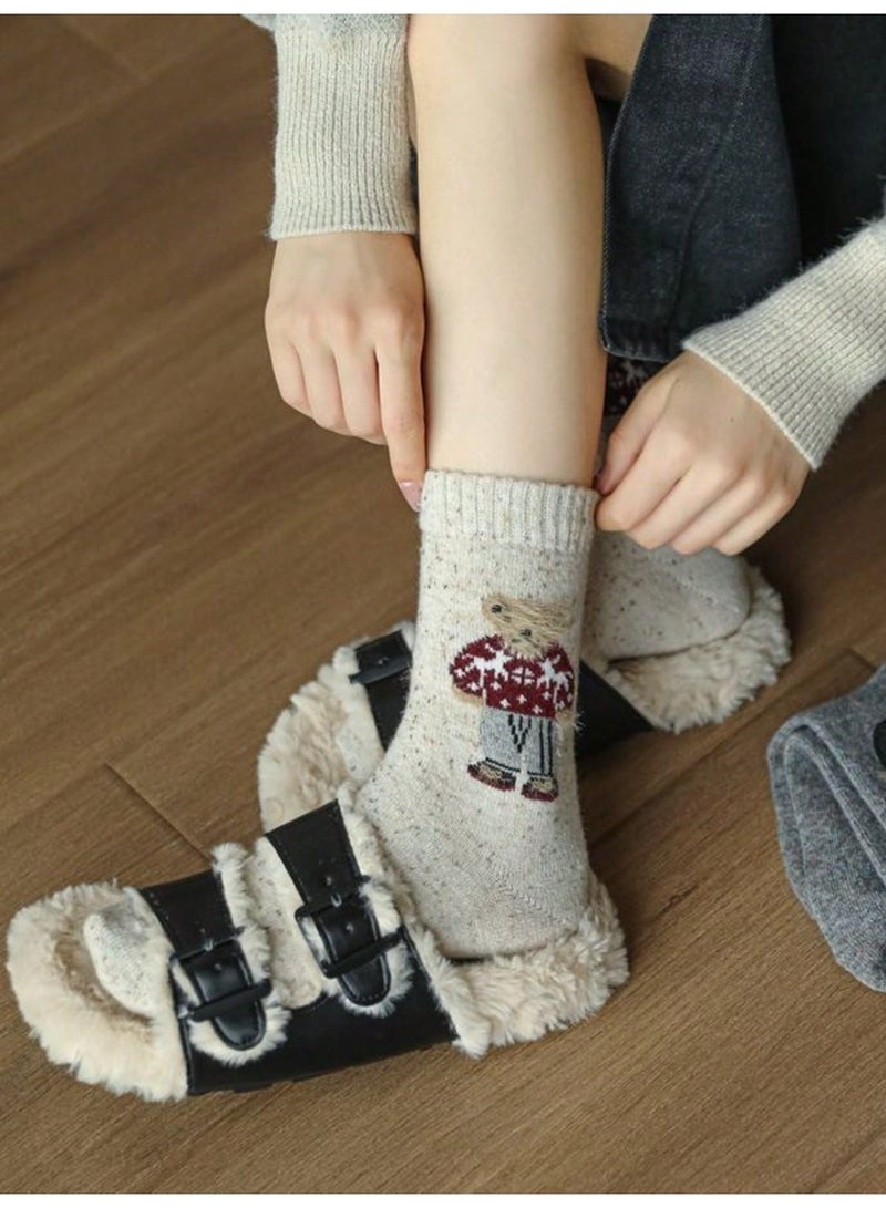 socks for ladies cotton Women’s Socks 5 Pairs Mid-Calf Cute Cartoon Bear Pattern Warm Socks in Navy, Grey, Off-White, Brown and Beige for Autumn Winter Daily Wear, Free Size - Image 4