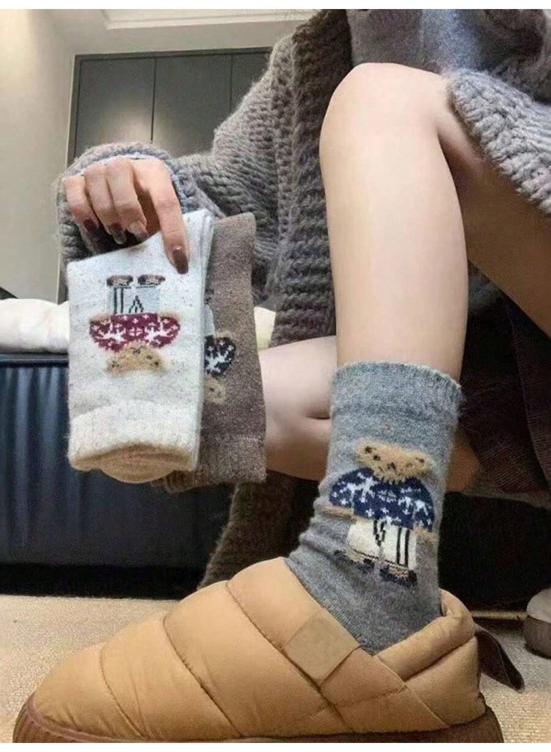 socks for ladies cotton Women’s Socks 5 Pairs Mid-Calf Cute Cartoon Bear Pattern Warm Socks in Navy, Grey, Off-White, Brown and Beige for Autumn Winter Daily Wear, Free Size - Image 5