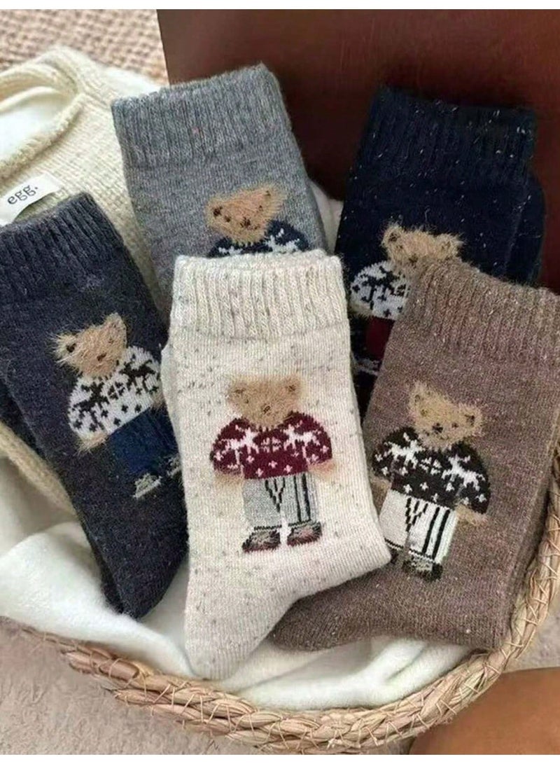 socks for ladies cotton Women’s Socks 5 Pairs Mid-Calf Cute Cartoon Bear Pattern Warm Socks in Navy, Grey, Off-White, Brown and Beige for Autumn Winter Daily Wear, Free Size - Image 2