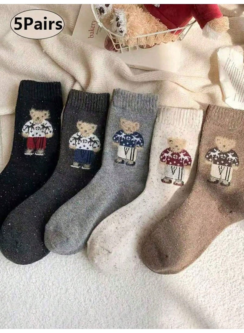 socks for ladies cotton Women’s Socks 5 Pairs Mid-Calf Cute Cartoon Bear Pattern Warm Socks in Navy, Grey, Off-White, Brown and Beige for Autumn Winter Daily Wear, Free Size - Image 1