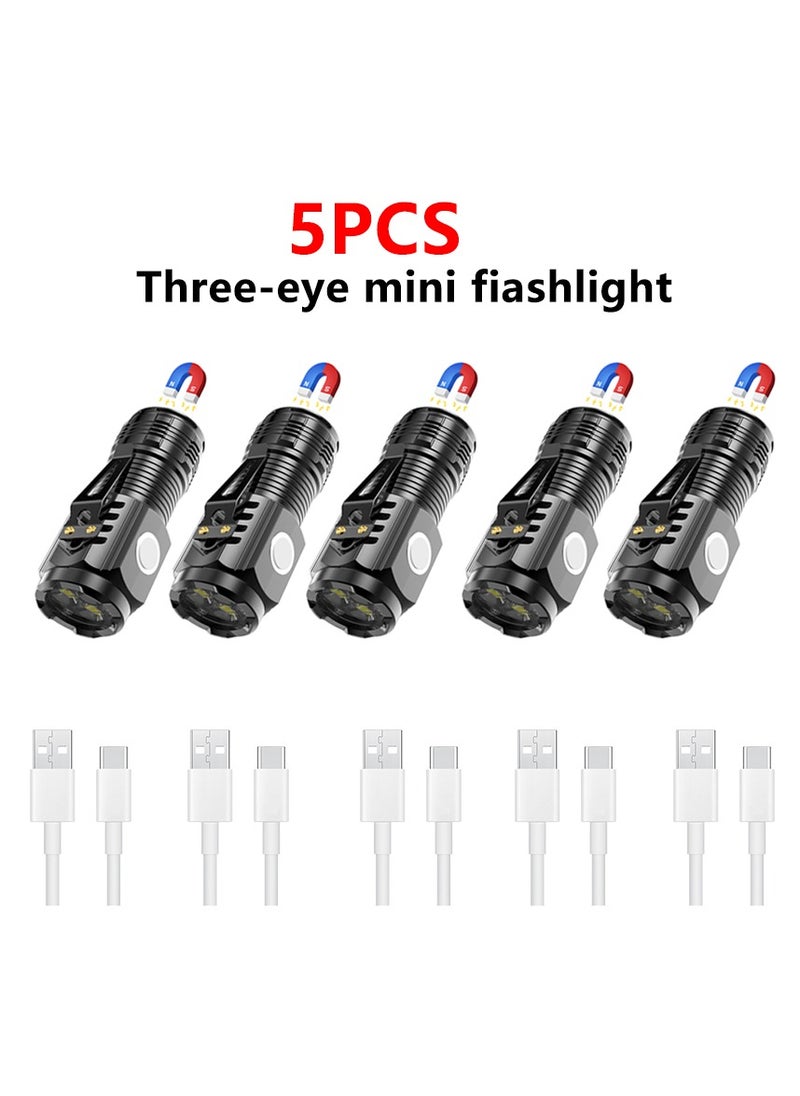 AROAQ Mini Flashlight, Multifunctional Three Eyed Bright Flashlight, Ipx4 Waterproof Portable Handheld Torch With Clip, Rechargeable Durable Pocket Flashlight For Camping Hunting, (5pcs, Black)  - Image 1