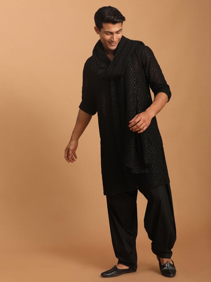 VASTRAMAY Men'S Black Sequins Dupatta | Wedding & Festive Ethnic Wear | Ideal For Traditional, Haldi, Sangeet & Reception Functions - Image 2