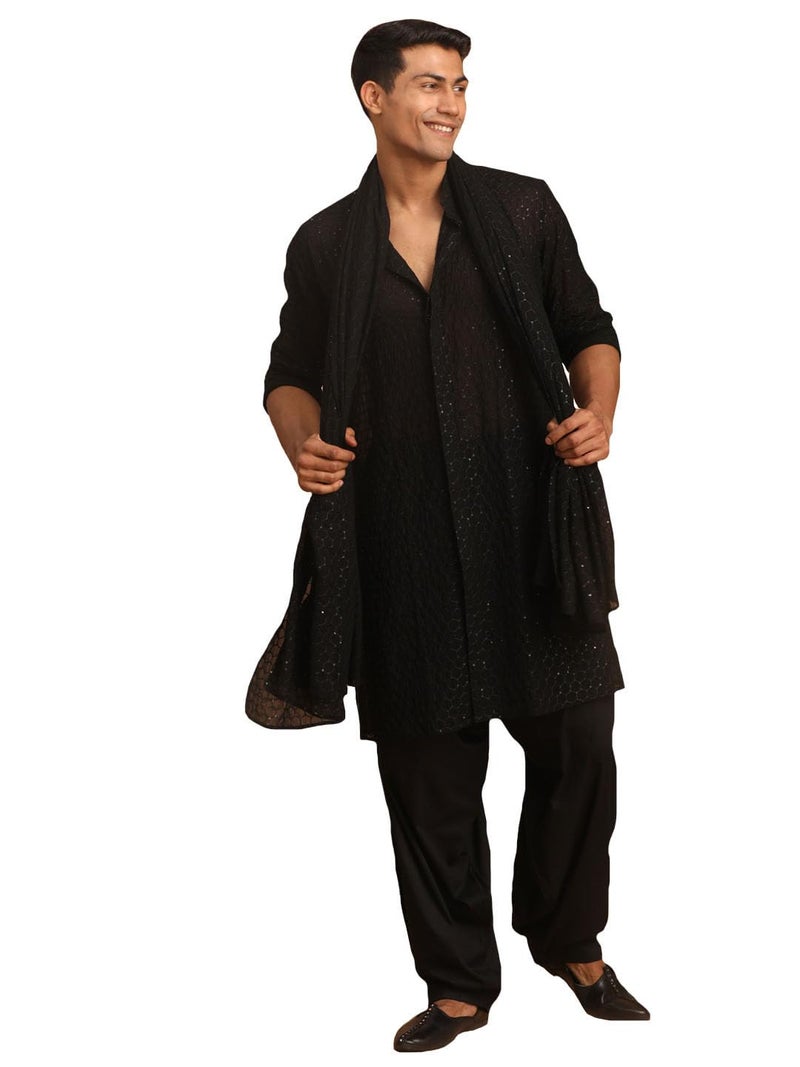 VASTRAMAY Men'S Black Sequins Dupatta | Wedding & Festive Ethnic Wear | Ideal For Traditional, Haldi, Sangeet & Reception Functions - Image 4