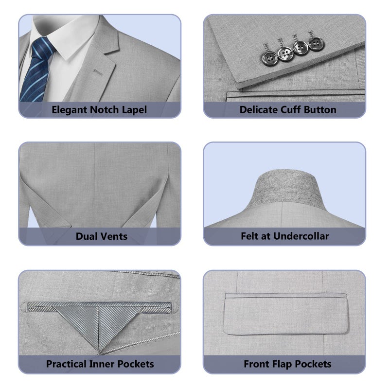 Cooper & Nelson Men's Suit Slim Fit, 3 Piece Suits for Men, One Button Jacket Vest Pants with Tie, Tuxedo Set Light Grey M - Image 5