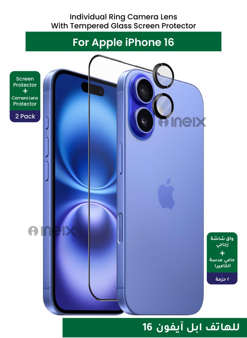 INEIX - Full BodyTempered Glass Screen Protector with Individual Ring Camera Lens Anti Scratch Protector for iPhone 16-Clear/Black - Image 1