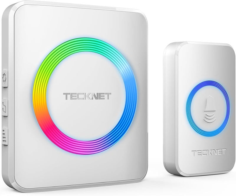 تيك نيت 1 جرس باب لاسلكي من TECKNET، مستوى صوت من 0 إلى 120 ديسيبل، نطاق لاسلكي يصل إلى 1300 قدم، مقاوم للماء (معيار IP65)، يحتوي على 60 نغمة مختلفة و5 مستويات للصوت، وإضاءة RGB، مناسب لغرف الأطفال والمكاتب والمنازل، ومناسب أيضًا للأشخاص ذوي الاحتي - Image 1