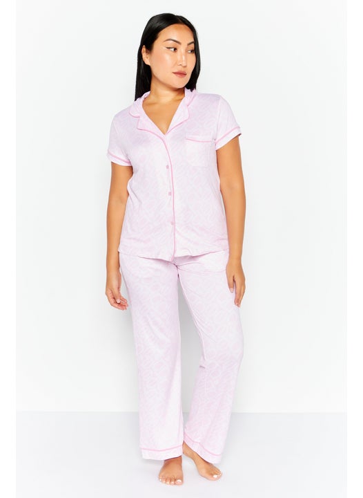 Women 2 Pcs Brand Logo Top And Bottom Pajama Set, Pink