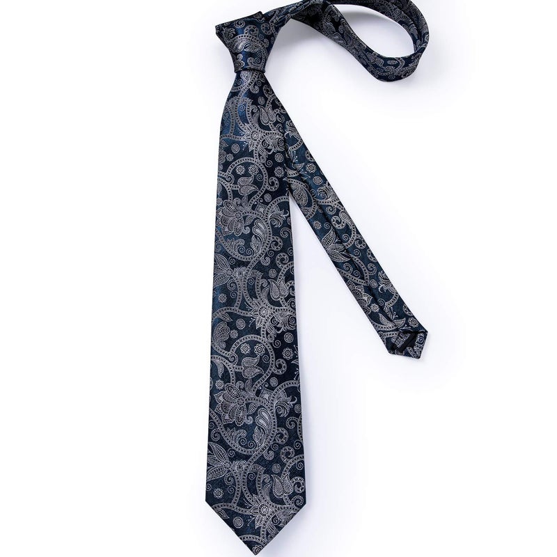 DiBanGu Paisley Ties for Men Silk Necktie and Pocket Square Cufflinks Tie Clip Set Woven Classic Mens Tie for Wedding Party, Navy Blue and Silver - Image 4
