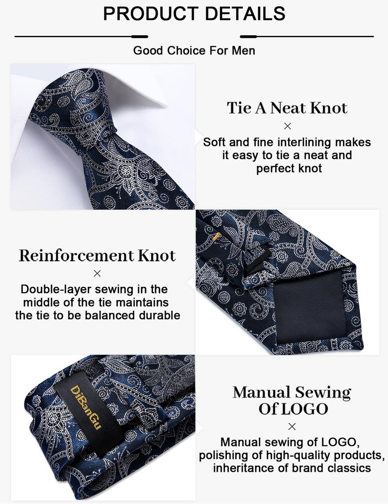 DiBanGu Paisley Ties for Men Silk Necktie and Pocket Square Cufflinks Tie Clip Set Woven Classic Mens Tie for Wedding Party, Navy Blue and Silver - Image 5