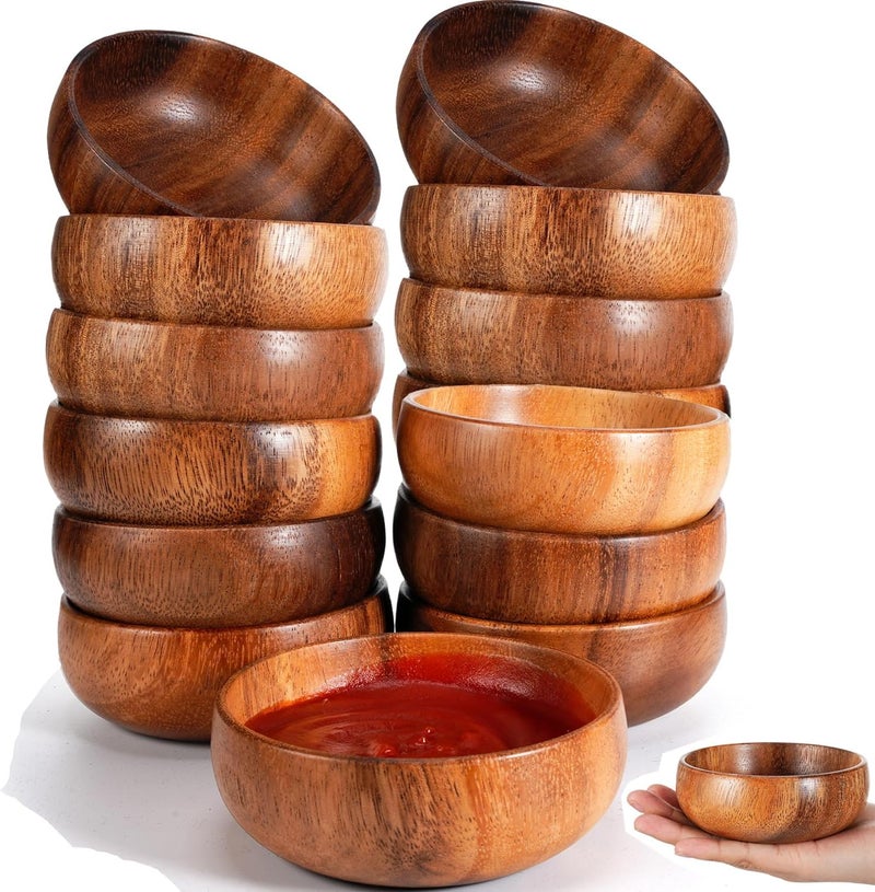 Skylety 20 Pcs Acacia Wooden Bowls Small Calabash Bowls Round Wood Salad Hand Carved Calabash Dip Tray for Serving Popcorn Pasta Candy Cereal Coconut Nuts Sauce Appetizers Kitchen (4 Inch) - Image 1