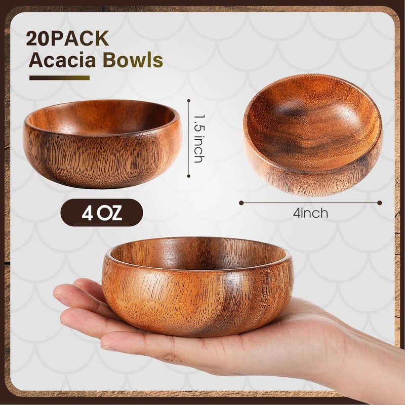 Skylety 20 Pcs Acacia Wooden Bowls Small Calabash Bowls Round Wood Salad Hand Carved Calabash Dip Tray for Serving Popcorn Pasta Candy Cereal Coconut Nuts Sauce Appetizers Kitchen (4 Inch) - Image 2