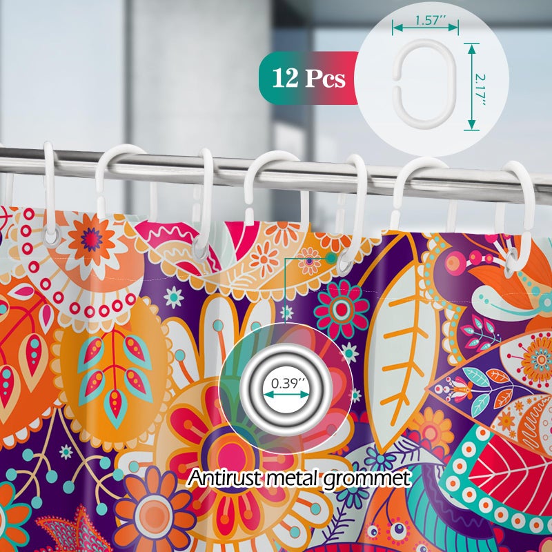 Aimego Boho Paisley Floral Shower Curtains - Mandala Indian Bohemian Colorful Flowers Bath Shower Curtain Set with 12 Hooks for Adults Kids Bathroom Decor Accessories  72""x72"" - Image 2