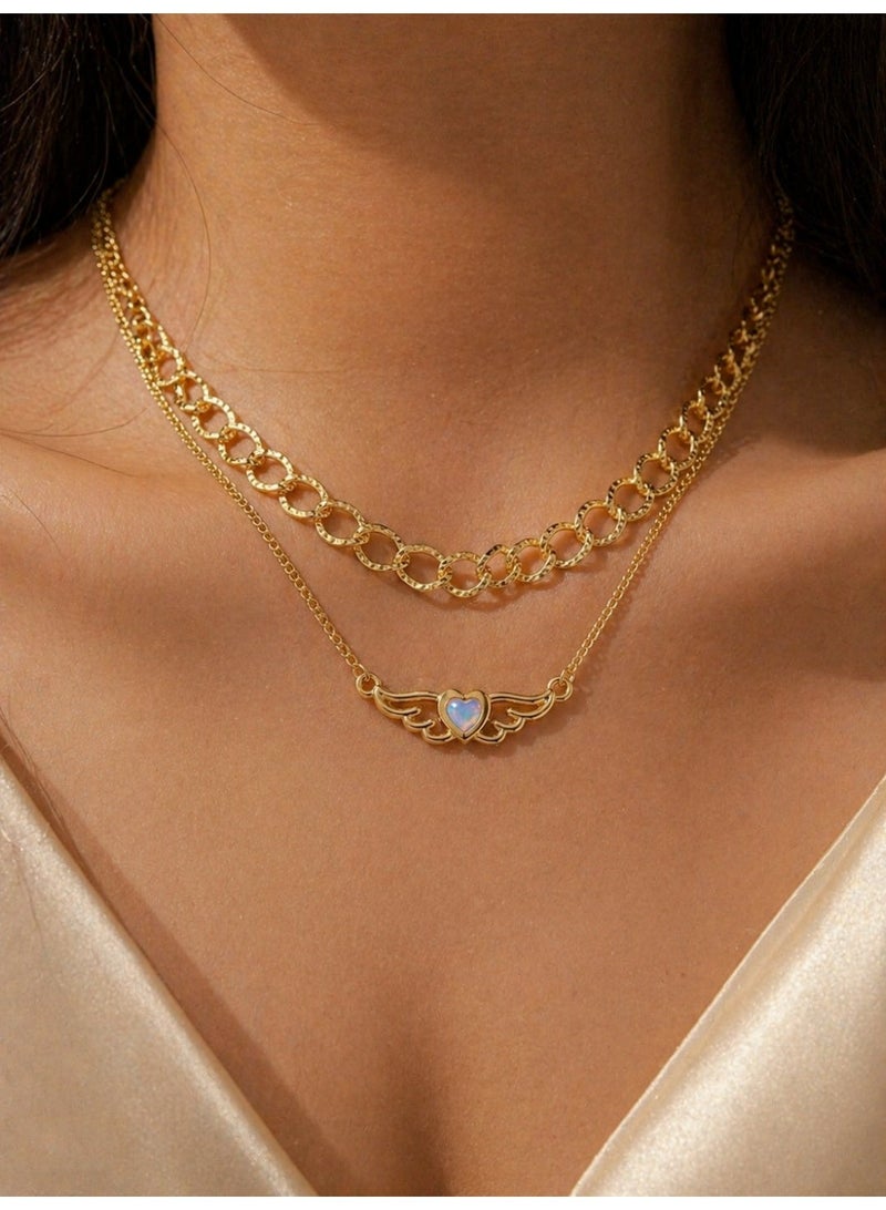 3Diamonds Gold Plated Layered Necklace Heart Zircon Women - Image 1