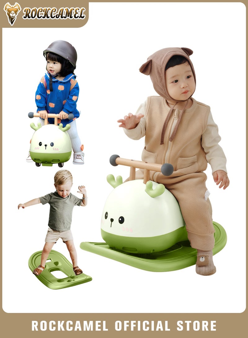 ROCKCAMEL Baby Rocking Horse for Kids 1-3 Years, 3-in-1 Kids Ride on Toy with Balance Board, 4  360° Swivel Wheels, Lightweight Body with Rounded Edges for Safe Indoor Outdoor Play, Green - Image 1