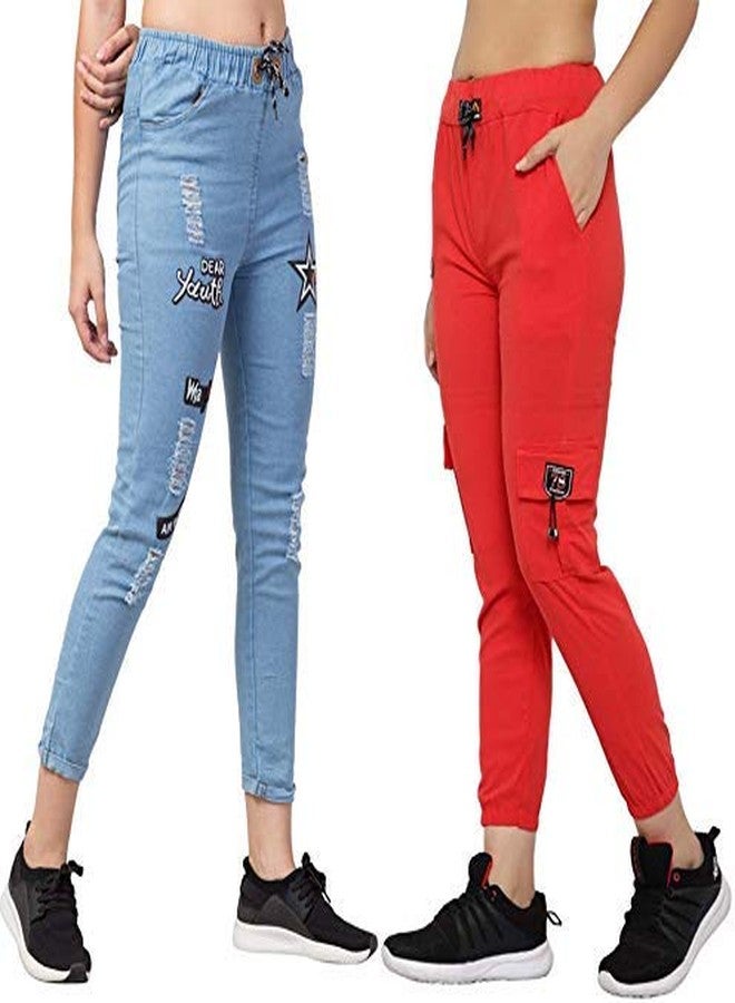 Krystle Girl's Plain Casual Red Joggers and Relaxed Fit Denim Light Blue Jogger Pant Sports Track Pants (Pack of 02)-(32) - Image 3