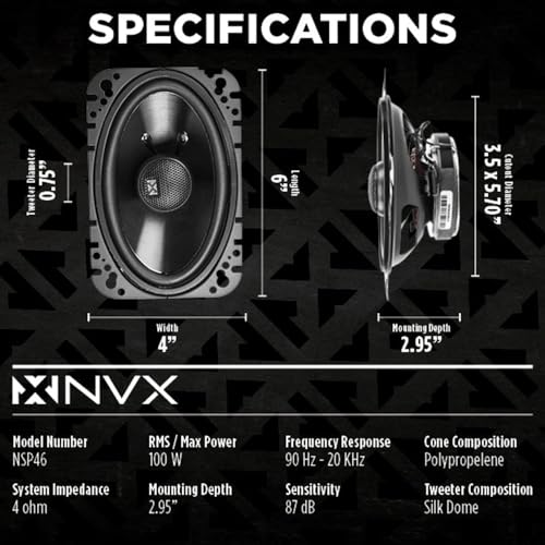 NVX® NSP46 4x6 Car Speakers, 300W Max, 100W RMS, 2-Way Coaxial w/Silk Dome Tweeters & Built-in X-Overs, Easy to Install in Cars/Trucks/Doors (Pair) - Image 3