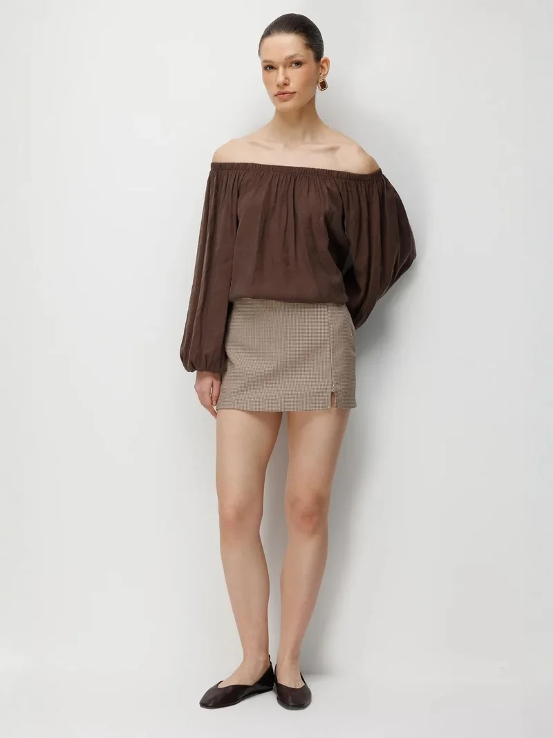 MixRay Coffee Brown MIXRAY Off Shoulder Textured Blouse for Women | Best Price UAE