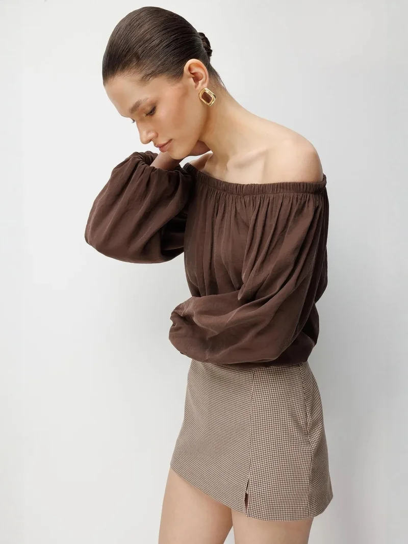 MixRay Coffee Brown MIXRAY Off Shoulder Textured Blouse for Women | Best Price UAE