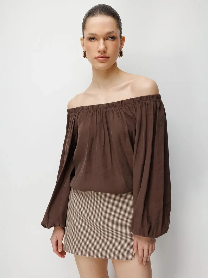 MixRay Coffee Brown MIXRAY Off Shoulder Textured Blouse for Women | Best Price UAE
