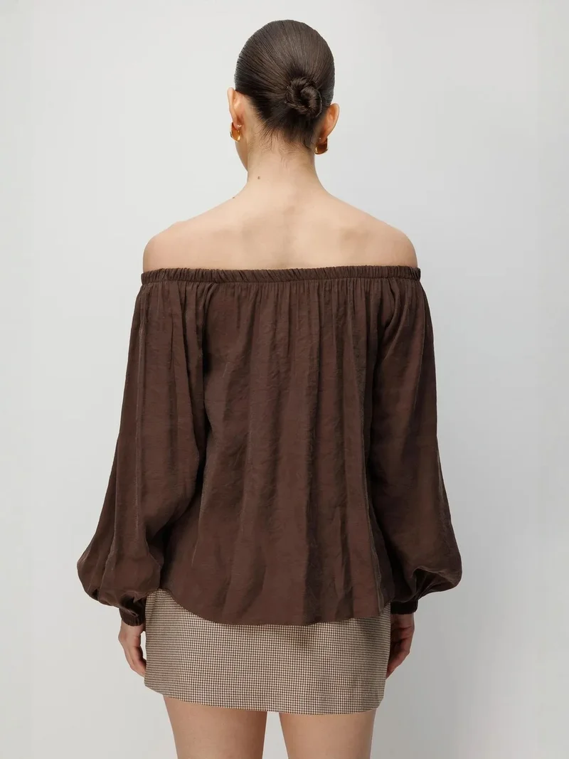 MixRay Coffee Brown MIXRAY Off Shoulder Textured Blouse for Women | Best Price UAE