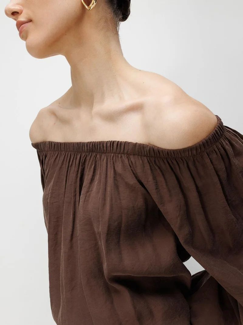 MixRay Coffee Brown MIXRAY Off Shoulder Textured Blouse for Women | Best Price UAE