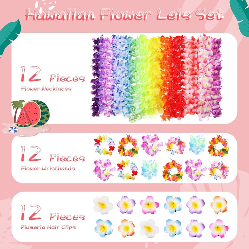 Macarrie 48 Pcs Hawaiian Luau Party Supplies Hawaiian Flowers Leis Necklaces Wristband Tropical Luau Party Funny Glasses Hawaiian Flower Hair Clips for Summer Beach Hawaiian Party Decoration - Image 3