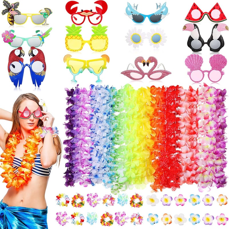 Macarrie 48 Pcs Hawaiian Luau Party Supplies Hawaiian Flowers Leis Necklaces Wristband Tropical Luau Party Funny Glasses Hawaiian Flower Hair Clips for Summer Beach Hawaiian Party Decoration - Image 1