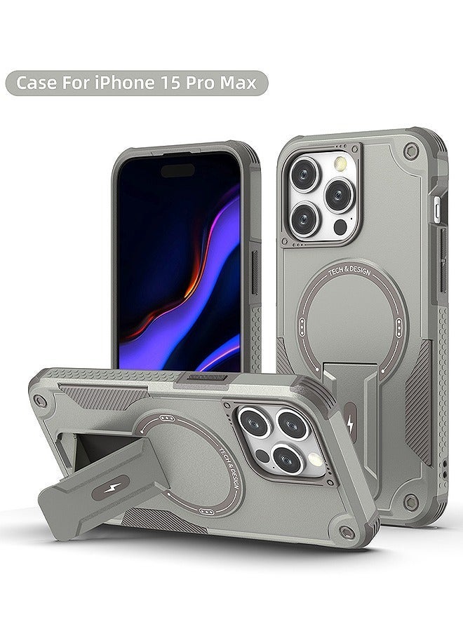 اتش اس فون 15 برو ماكس حالة الهاتف ، مع المدمج في قوس ، مع Magsafe الصف العسكري للصدمات الدعم الرأسي والأفقي متوافق مع فون 15 برو ماكس حالة الهاتف - رمادي - Image 1