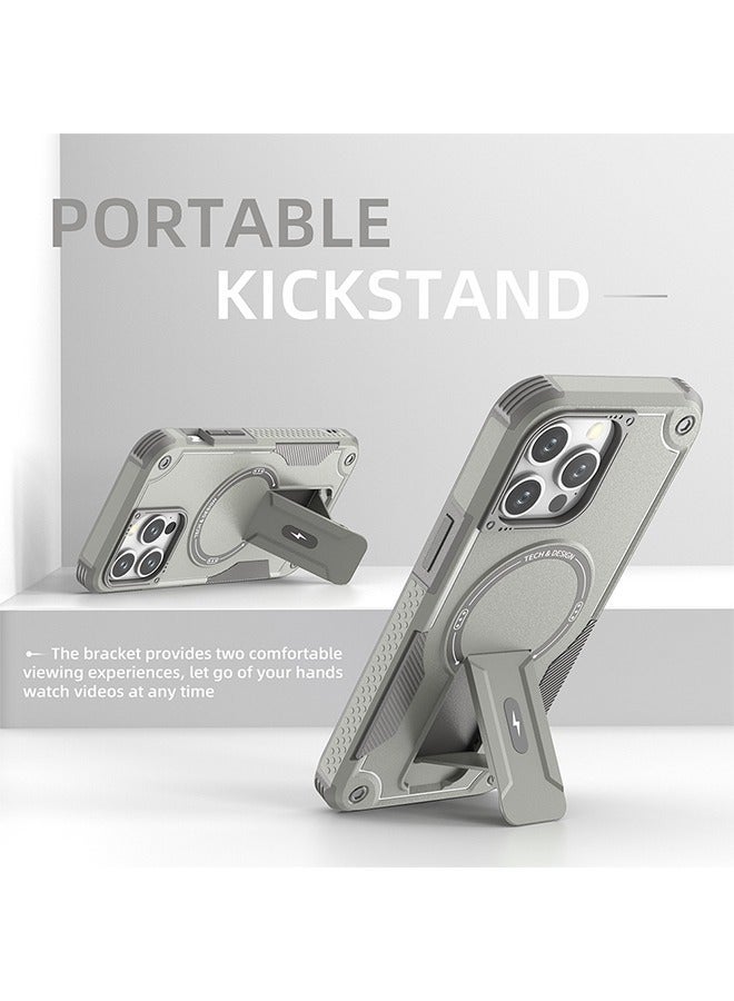 اتش اس فون 15 برو ماكس حالة الهاتف ، مع المدمج في قوس ، مع Magsafe الصف العسكري للصدمات الدعم الرأسي والأفقي متوافق مع فون 15 برو ماكس حالة الهاتف - رمادي - Image 4