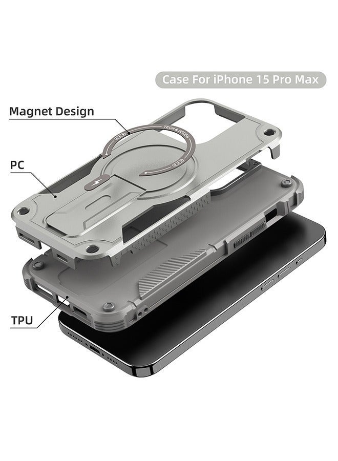 اتش اس فون 15 برو ماكس حالة الهاتف ، مع المدمج في قوس ، مع Magsafe الصف العسكري للصدمات الدعم الرأسي والأفقي متوافق مع فون 15 برو ماكس حالة الهاتف - رمادي - Image 3