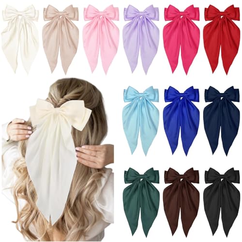TEBIEKOY 12PCS Hair Bows for Women Big Silky Satin Bow Clips with Long Tails Oversized Cute Halloween Christmas Hair Accessories for Women Aesthetic Large Ribbons Bow - Image 1