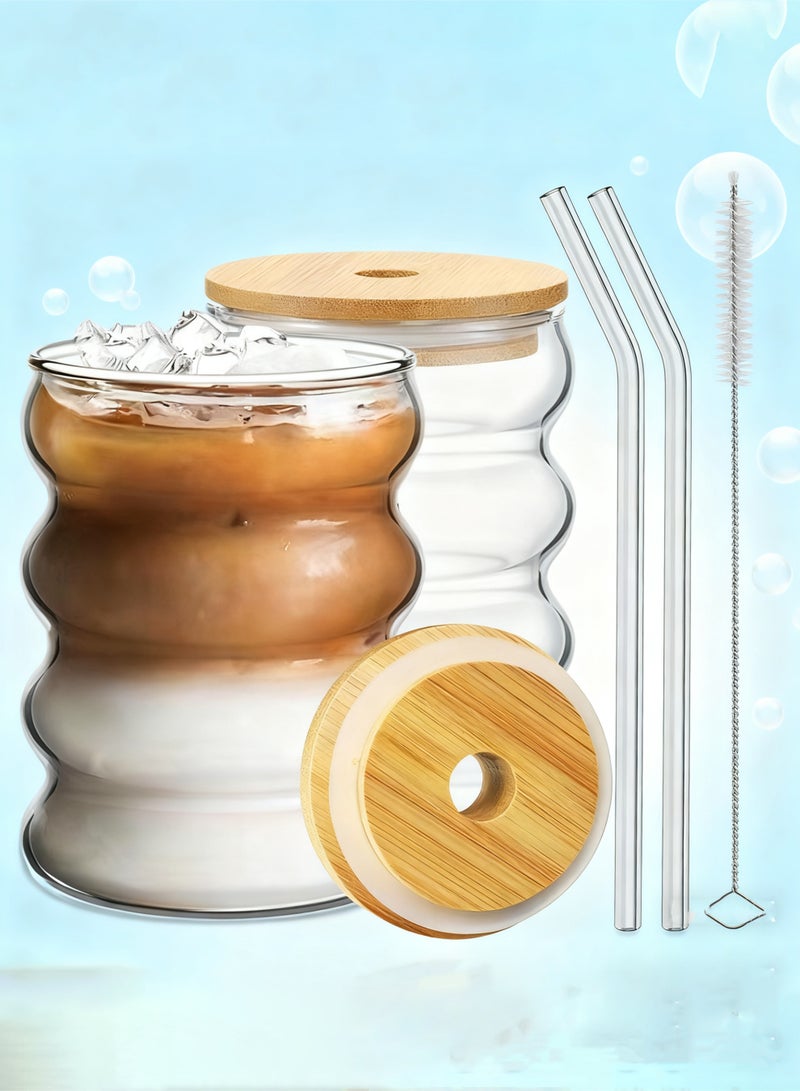 هايدو كؤوس زجاجية متموجة مع أغطية من الخيزران، ومصاصة زجاجية، وفرشاش تنظيف، يمكن إعادة استخدامها في المشروبات الساخنة/الباردة - Image 1