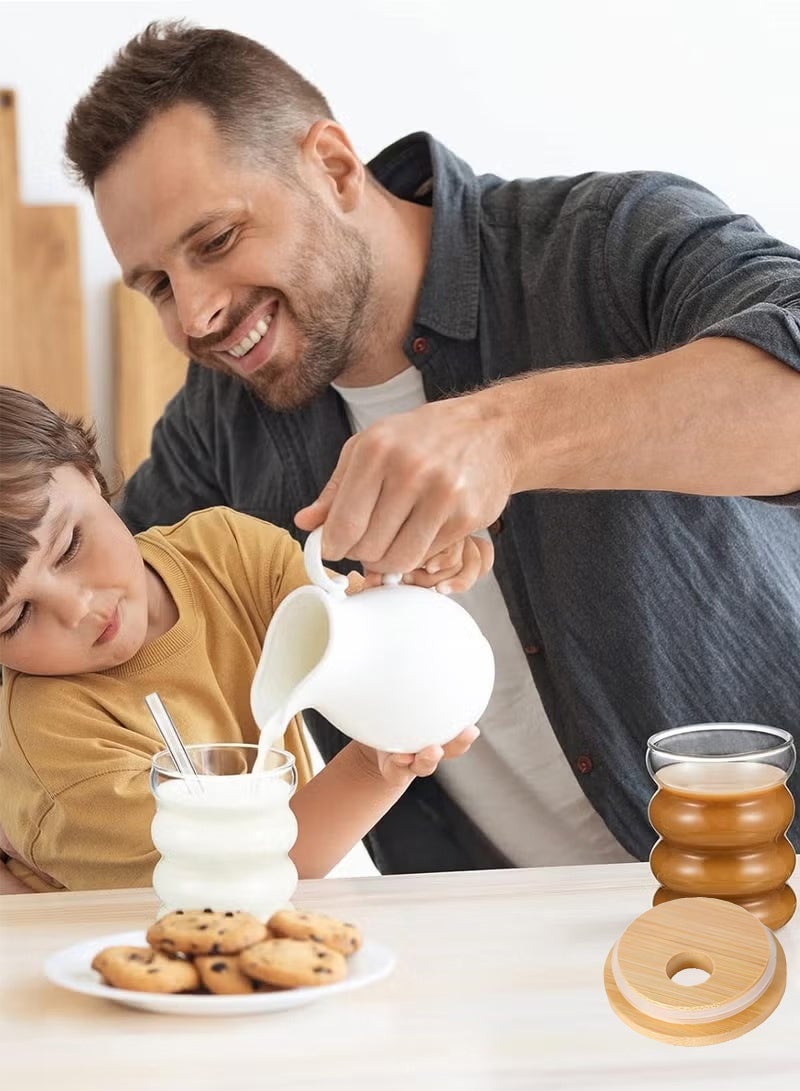 هايدو كؤوس زجاجية متموجة مع أغطية من الخيزران، ومصاصة زجاجية، وفرشاش تنظيف، يمكن إعادة استخدامها في المشروبات الساخنة/الباردة - Image 2