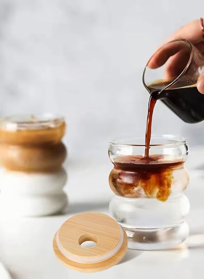 هايدو كؤوس زجاجية متموجة مع أغطية من الخيزران، ومصاصة زجاجية، وفرشاش تنظيف، يمكن إعادة استخدامها في المشروبات الساخنة/الباردة - Image 3