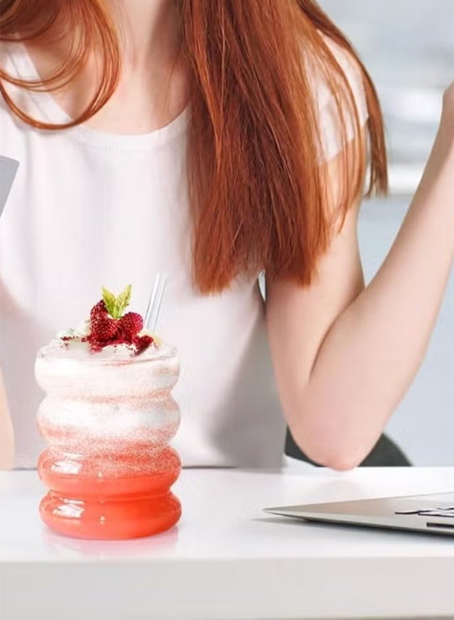 هايدو كؤوس زجاجية متموجة مع أغطية من الخيزران، ومصاصة زجاجية، وفرشاش تنظيف، يمكن إعادة استخدامها في المشروبات الساخنة/الباردة - Image 4