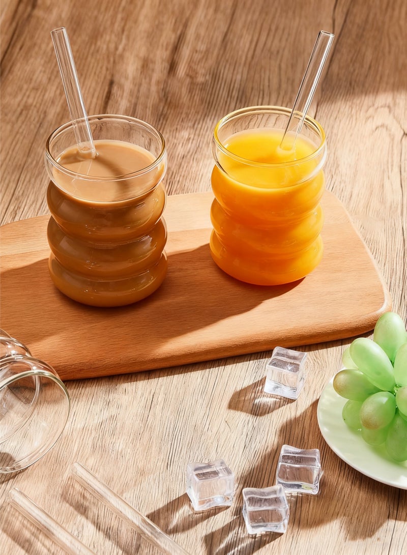 هايدو كؤوس زجاجية متموجة مع أغطية من الخيزران، ومصاصة زجاجية، وفرشاش تنظيف، يمكن إعادة استخدامها في المشروبات الساخنة/الباردة - Image 5