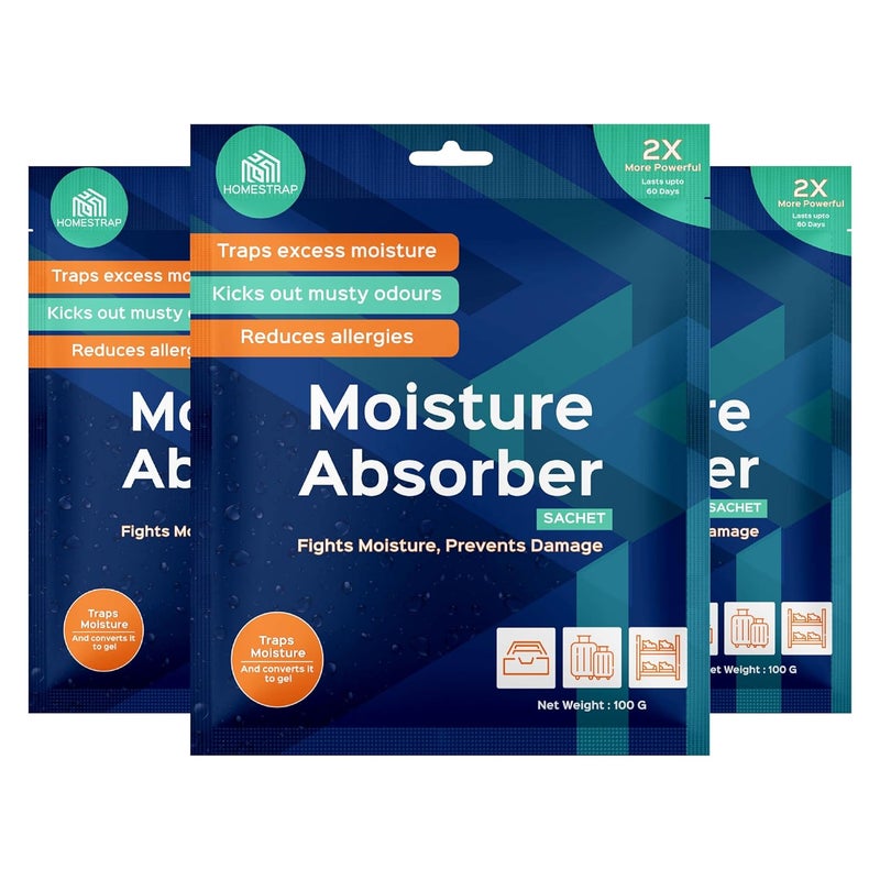HomeStrap Moisture Absorber Sachet 100 Gram x 3 PCS Absorbs Moisture Transforms Into Gel Dehumidier For Bags Suitcases Drawers Fights Moisture Musty Smells Etc - Image 1