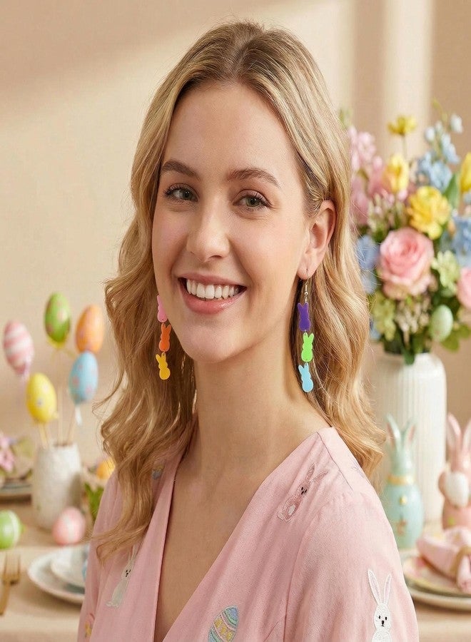 Cifudec Acrylic Easter Earrings Cute Bunny Drop Colorful Flower Rabbits Dangle Spring Earrings Holiday Jewelry Gift For Women (Rainbow Bunny) - Image 3