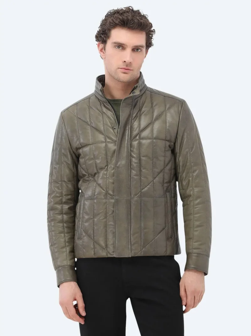 Kip Olive Regular Fit Turtleneck Smart Casual Sheep Leather Leather Coat