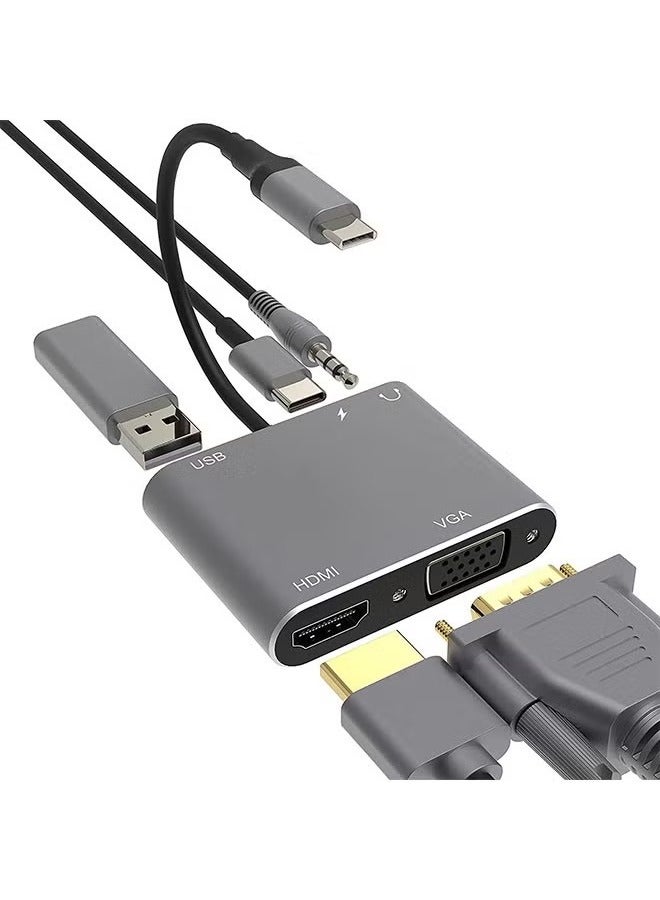 5-in-1 USB C Hub Adapter Multiport VGA to HDMI Adapter with 4K HDMI,VGA,USB 3.0 Data Ports,3.5mm Audio/Microphone Port,HDMI to VGA for iPhone 15/16,MacBook Pro/Air 2023,iPad Pro