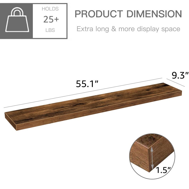QEEIG Floating Shelves for Wall 55.1" Extra Long - Wall Shelf Bathroom Kitchen Living Room Bedroom Farmhouse Home Decor Display Bookshelf Large 55.1 x 9.3 inch Set of 2, Rustic Brown (008-140BN) - Image 3