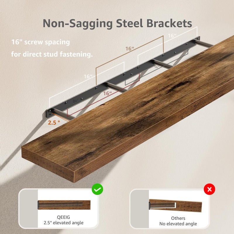 QEEIG Floating Shelves for Wall 55.1" Extra Long - Wall Shelf Bathroom Kitchen Living Room Bedroom Farmhouse Home Decor Display Bookshelf Large 55.1 x 9.3 inch Set of 2, Rustic Brown (008-140BN) - Image 4