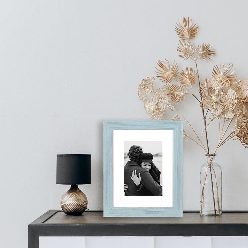 KAIWIN 100% Solid Wood Blue 8x10 Picture Frame 1 Pack - Display Picture 5x7 with Mat  HD Plexiglass Inside  Rustic Wooden Photo Frames for Table Top and Wall Mounting - Image 5